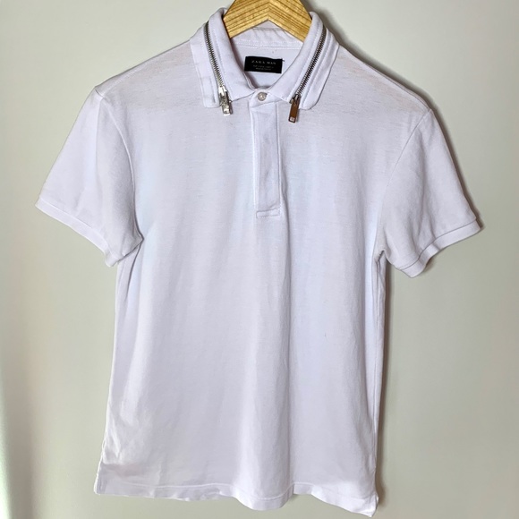 Zara Man White Polo silver zipper collar detail - Picture 2 of 6
